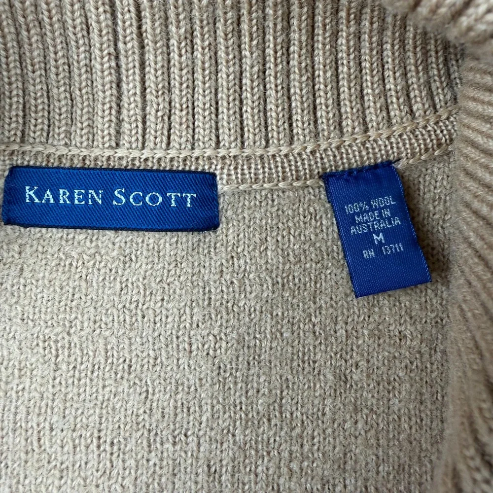 Karen Scott Womens Medium 100% Wool Cardigan Camel Tan Shawl Collar Long Sweater
